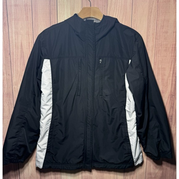 VTG Y2k 2000s NIKE Silver Tag‎ Logo White Black Hooded Rain Wind Jacket Womens S - Picture 1 of 10
